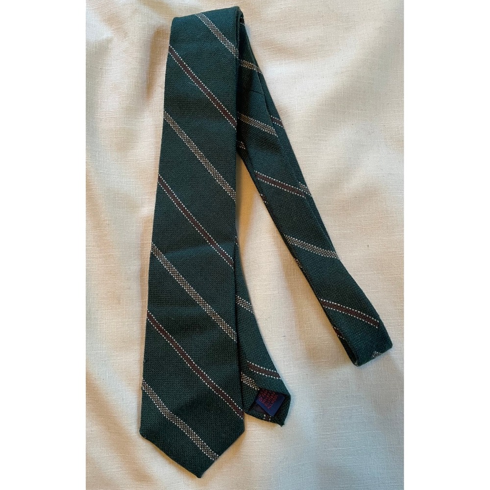Vintage Rooster Mens Green Striped Wool Tie Woven in Scotland USA Made Ivy Style